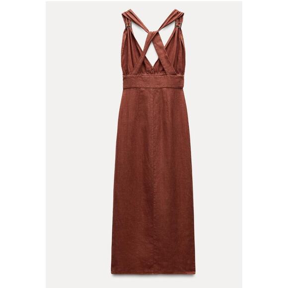 Nwt- Zara LINEN MIDI DRESS WITH BEADS-M - Picture 3 of 9